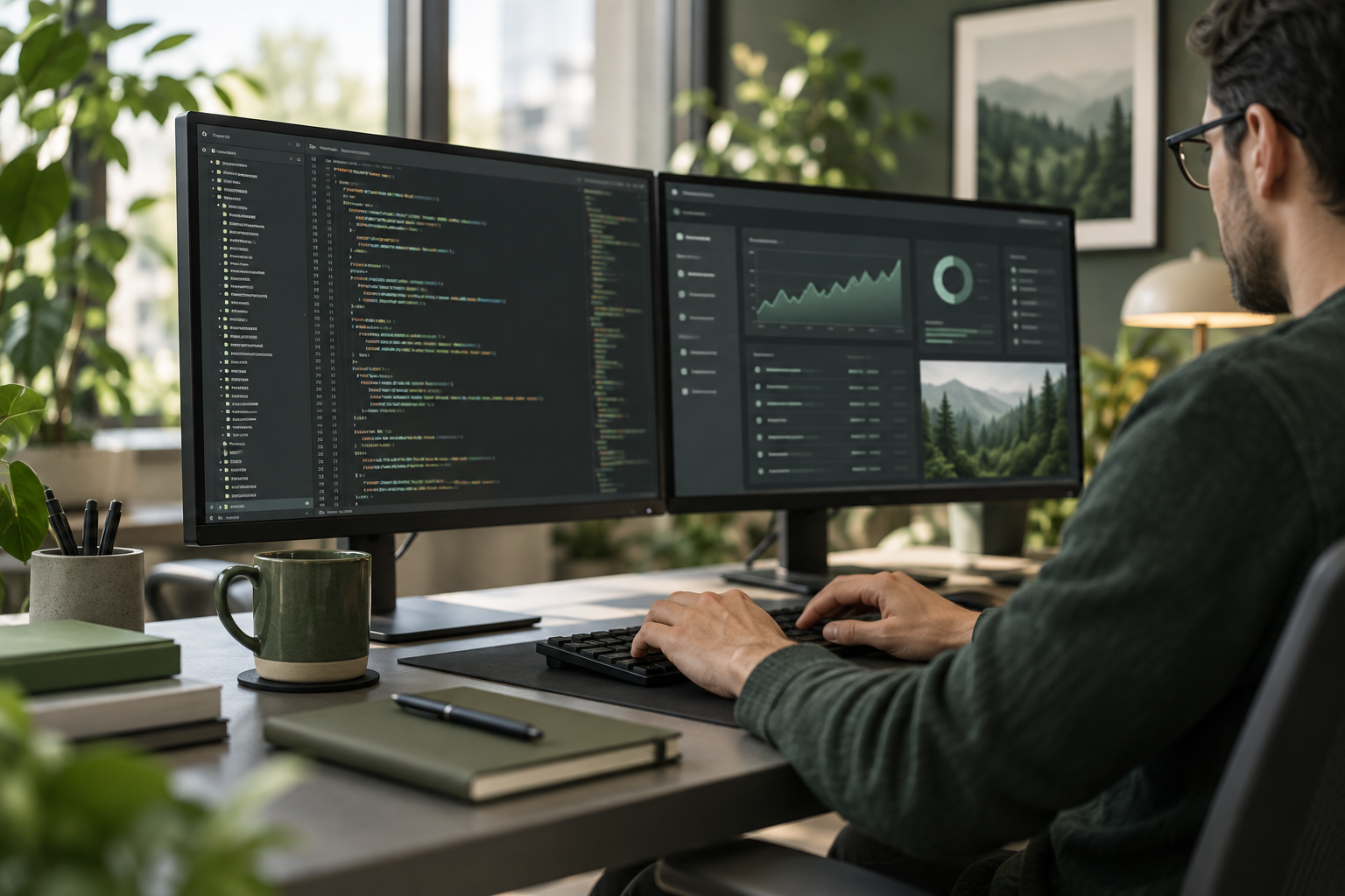 Software development workstation with code and an application interface