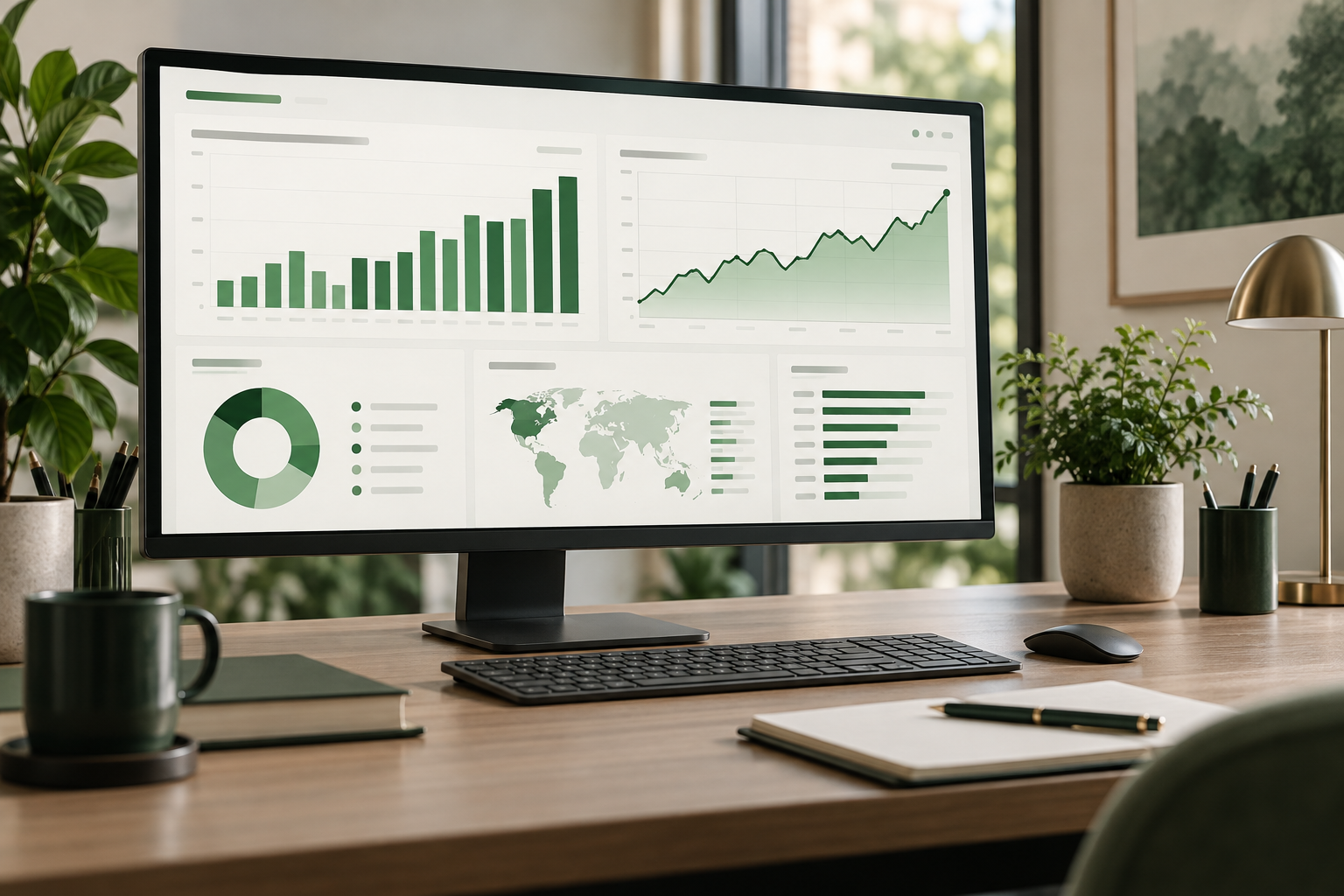 Computer monitor displaying business analytics dashboards