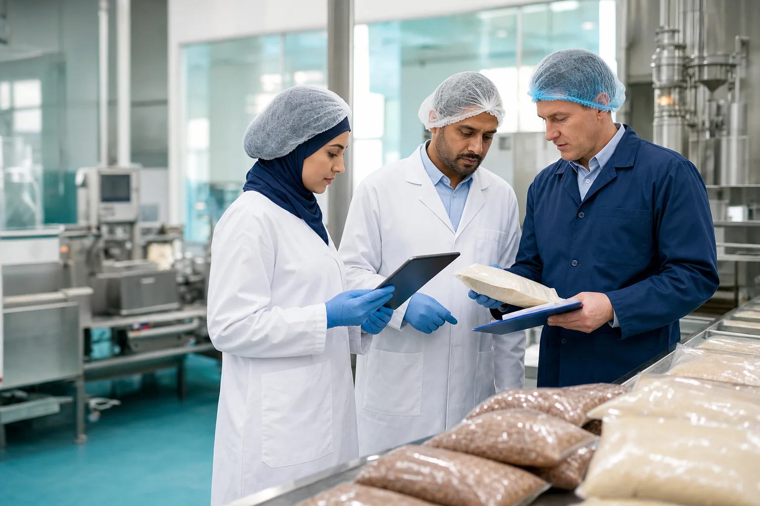 Halal inspection team reviewing ingredients and production records