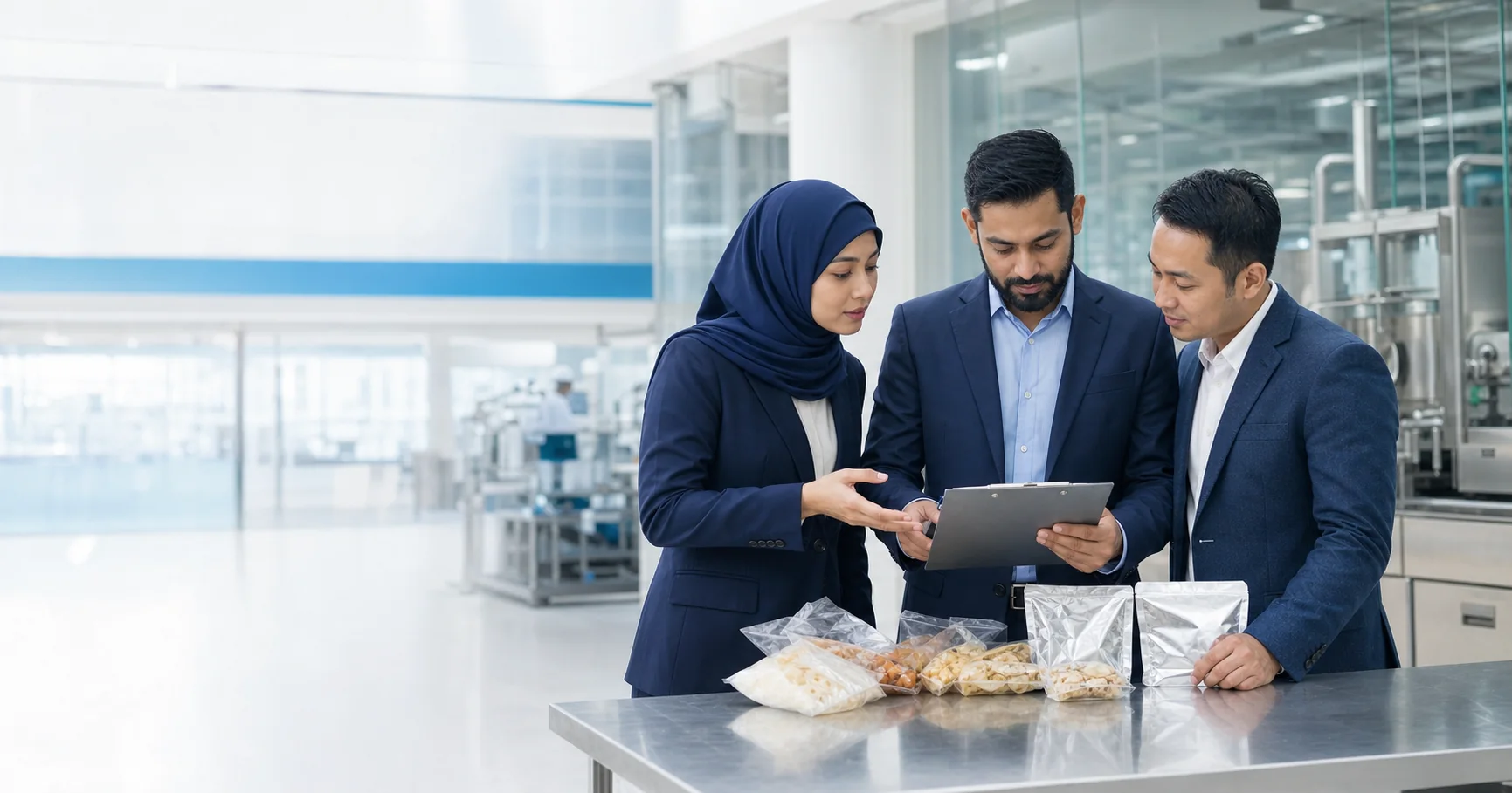 Professional halal assurance team reviewing documents in a food production facility