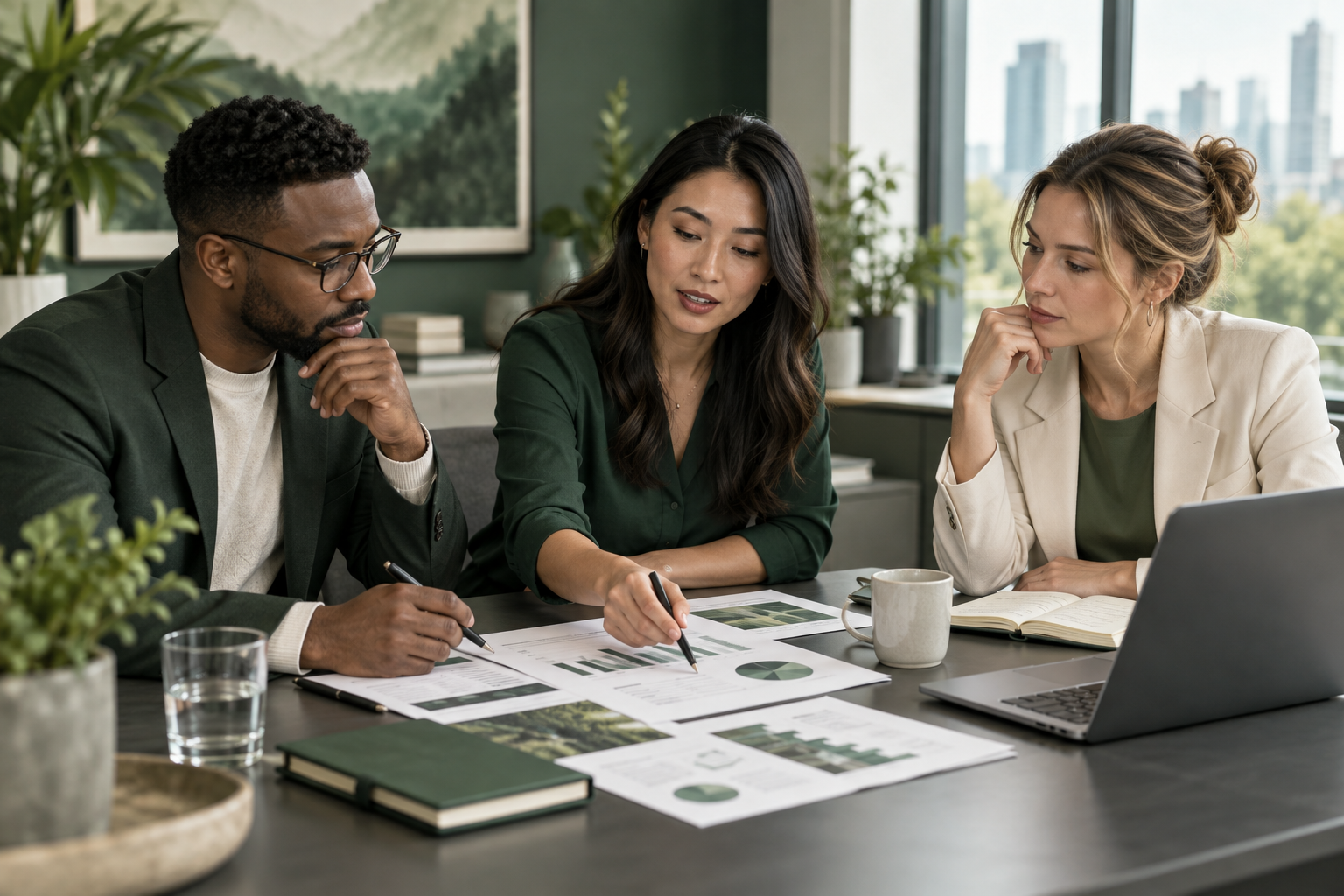 Business professionals planning together around a meeting table