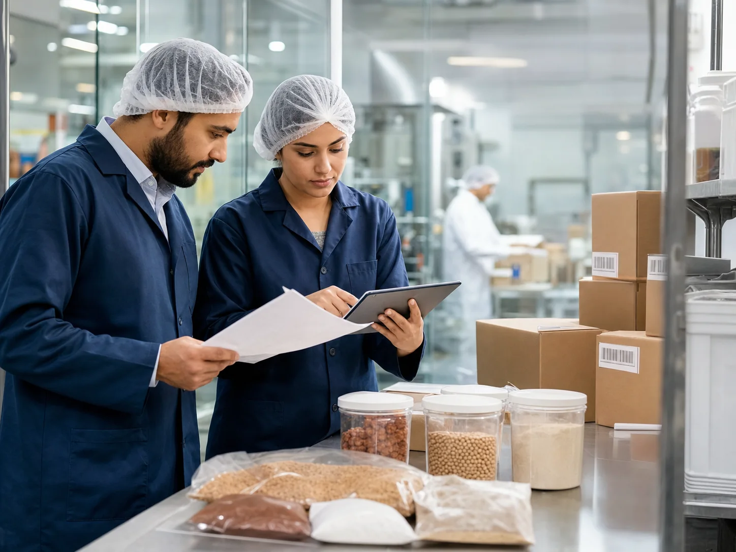 Quality professionals reviewing ingredient traceability and supplier records