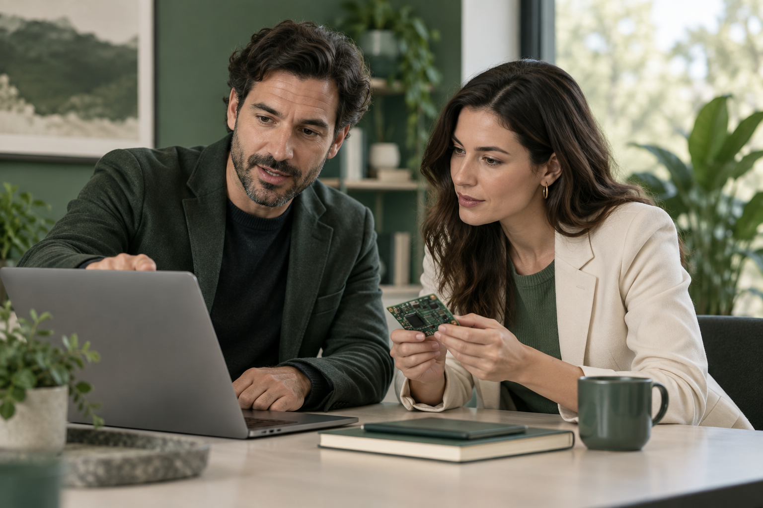 Technology consultants reviewing a computer and circuit board