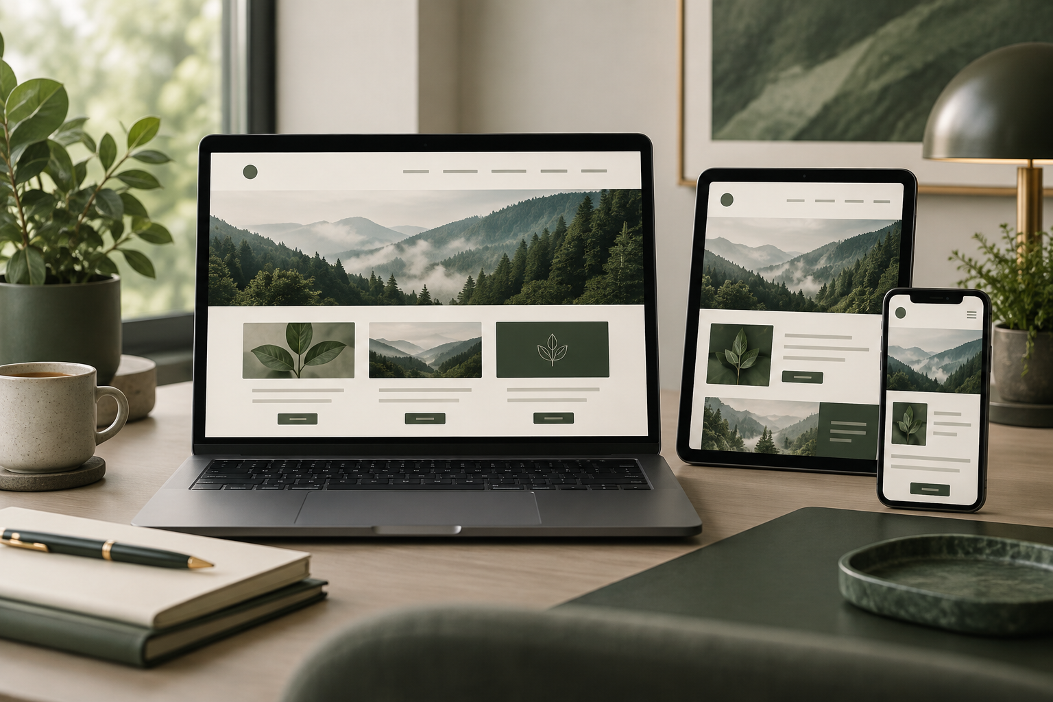 Laptop tablet and phone displaying responsive website layouts