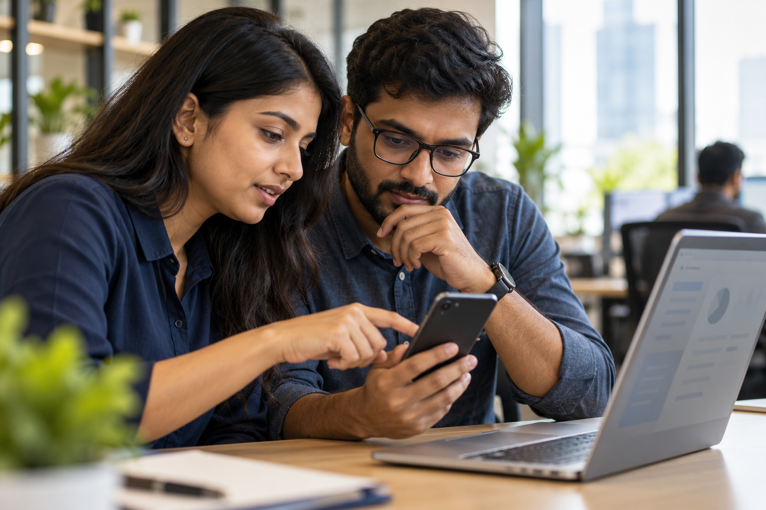 AI-generated editorial image of software specialists checking an app on a smartphone