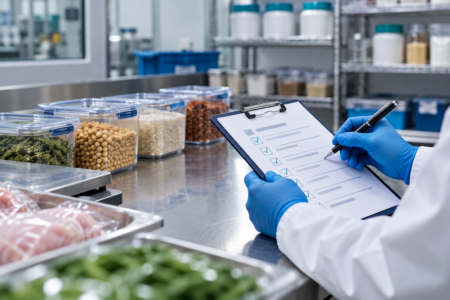 Gloved quality-control staff checking ingredient traceability records in a clean production facility