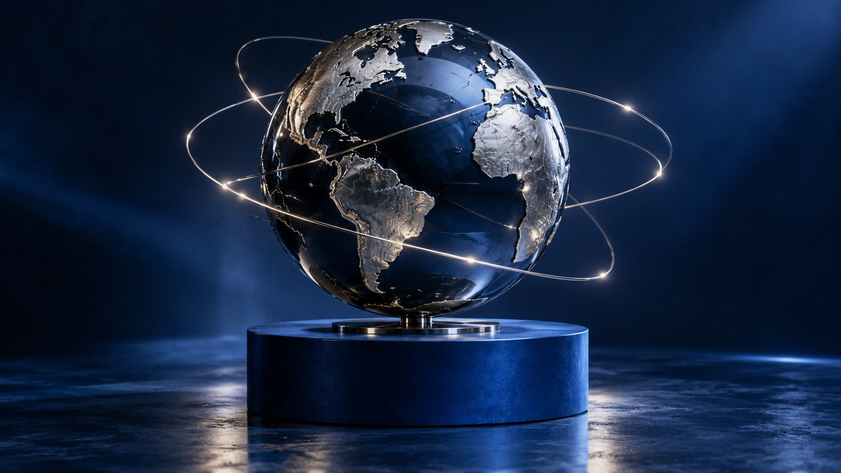 AI-created silver globe with luminous orbital trails in a cobalt studio
